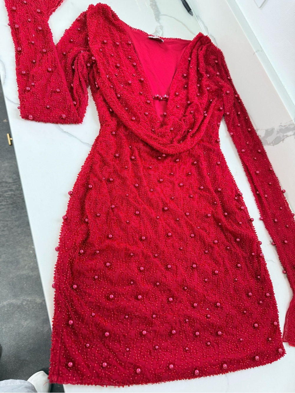 Oh Polly Red Beaded Cowl Neck Long Sleeve Dress